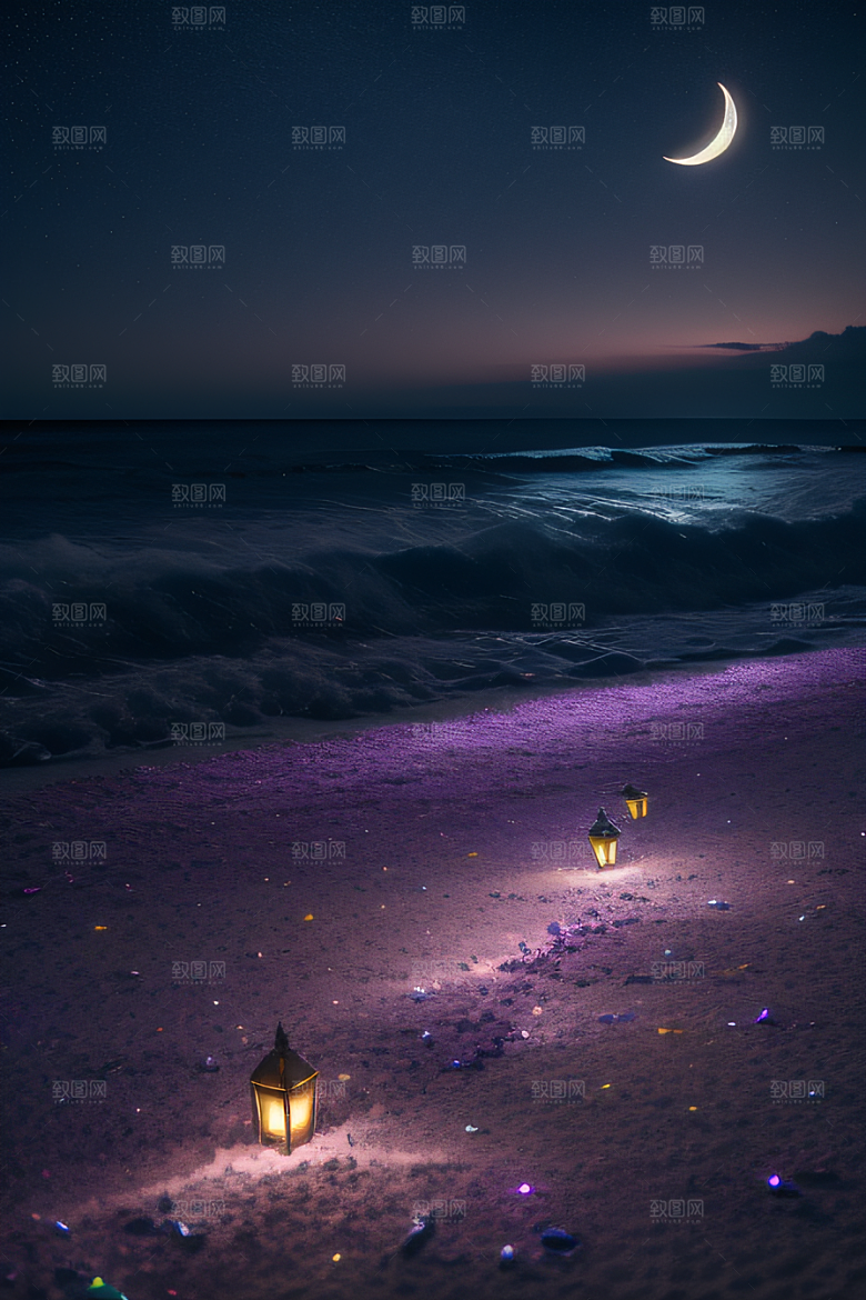 夜空璀璨星光洒满的银色新月