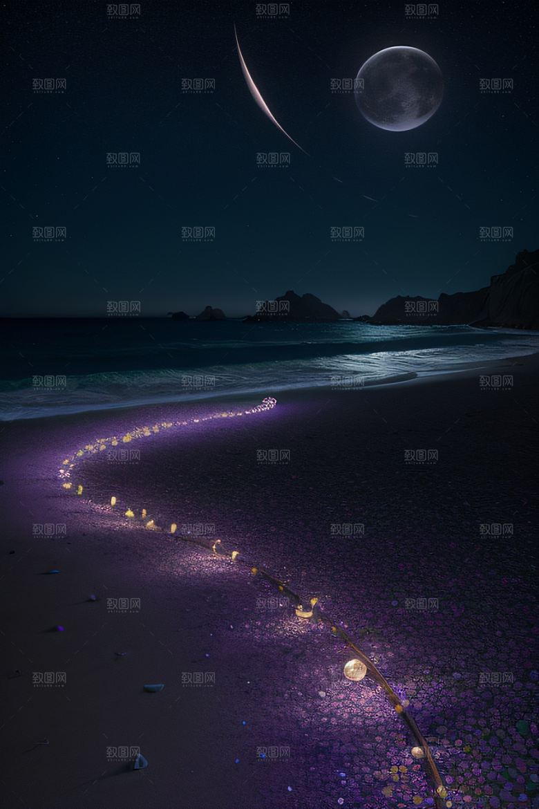 夜空璀璨星光洒满的银色新月