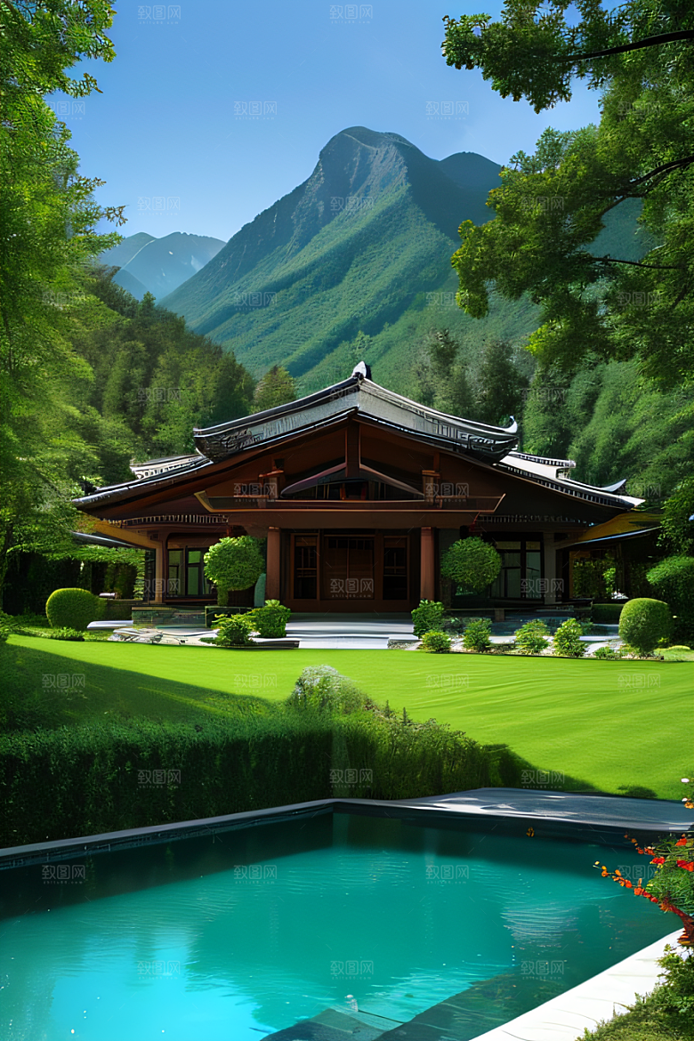 山脉倒映别墅与壮丽山峦的和谐