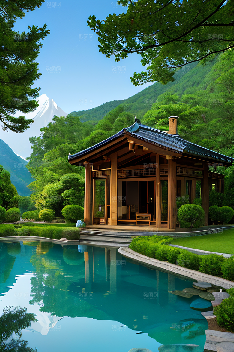 山脉倒映别墅与壮丽山峦的和谐