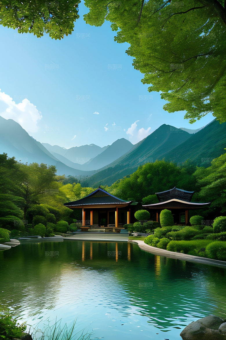 山脉倒映别墅与壮丽山峦的和谐