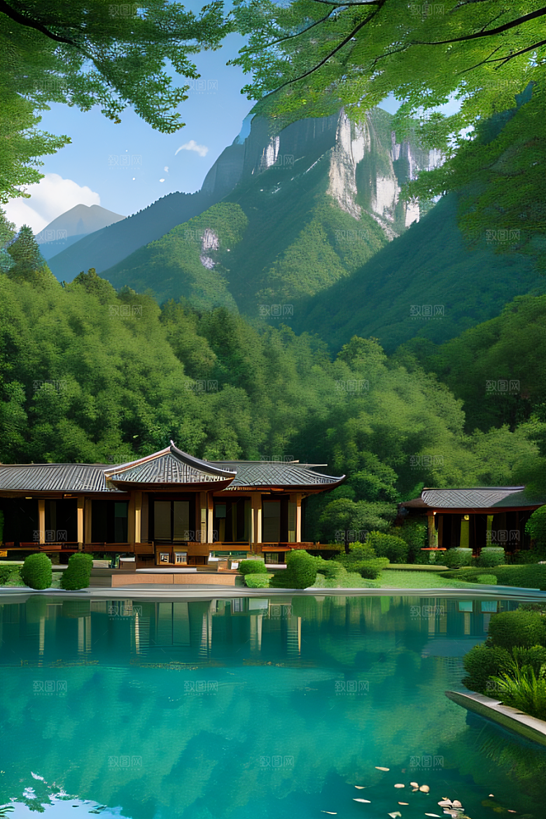 山脉倒映别墅与壮丽山峦的和谐