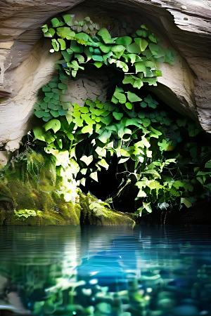 常青藤与水景神奇洞穴中的自然魅力