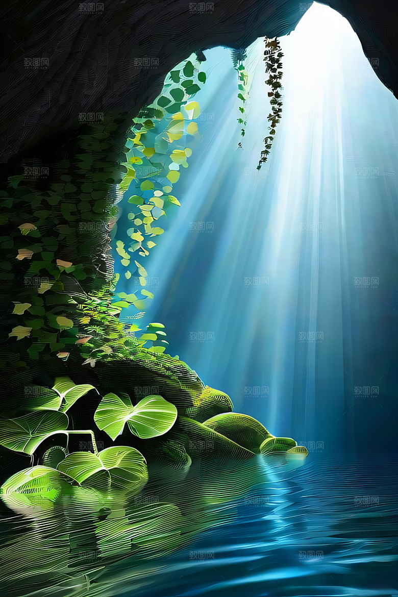 常青藤与水景神奇洞穴中的自然魅力