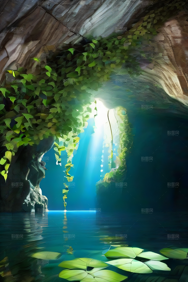 常青藤与水景神奇洞穴中的自然魅力
