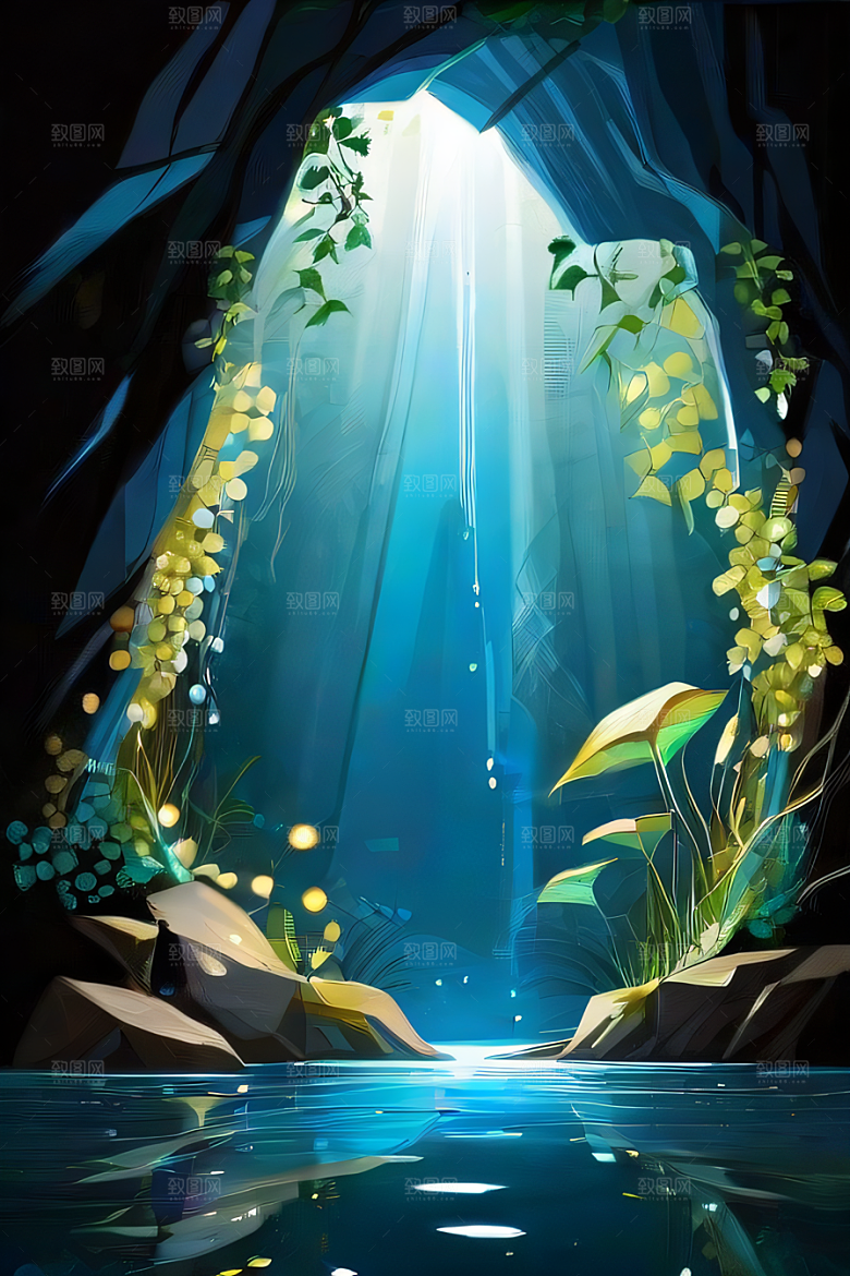 常青藤与水景神奇洞穴中的自然魅力