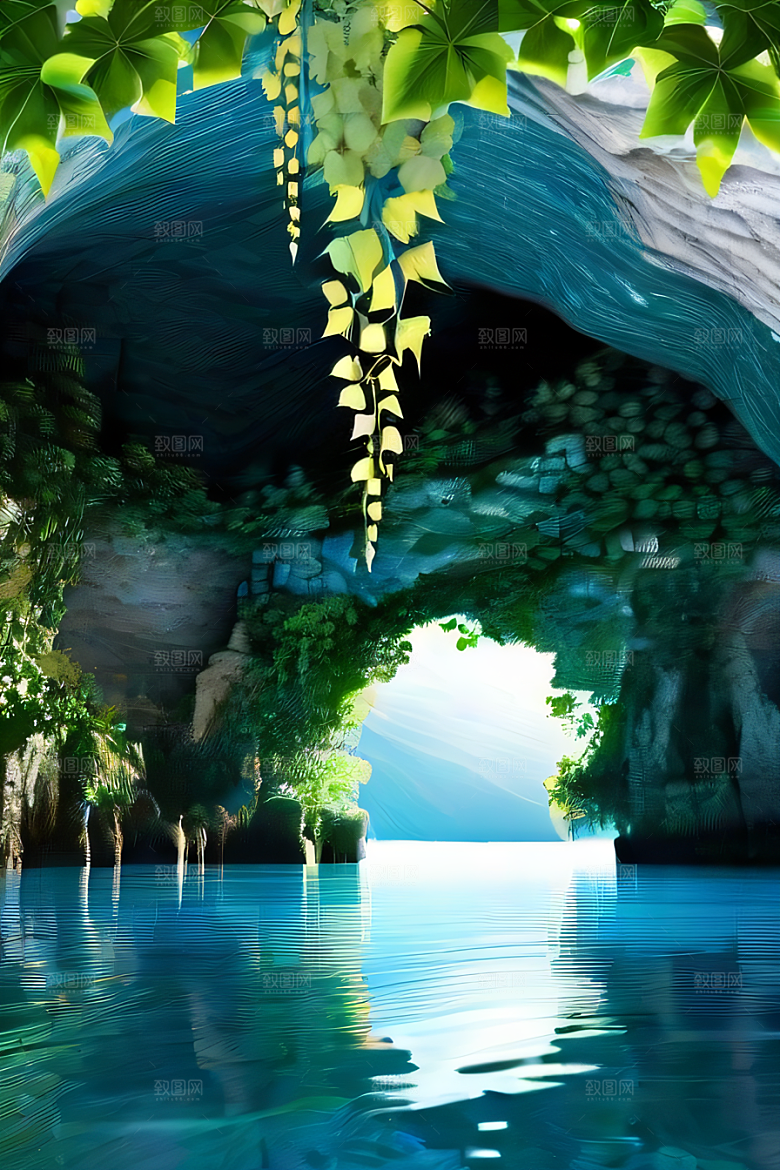 常青藤与水景神奇洞穴中的自然魅力