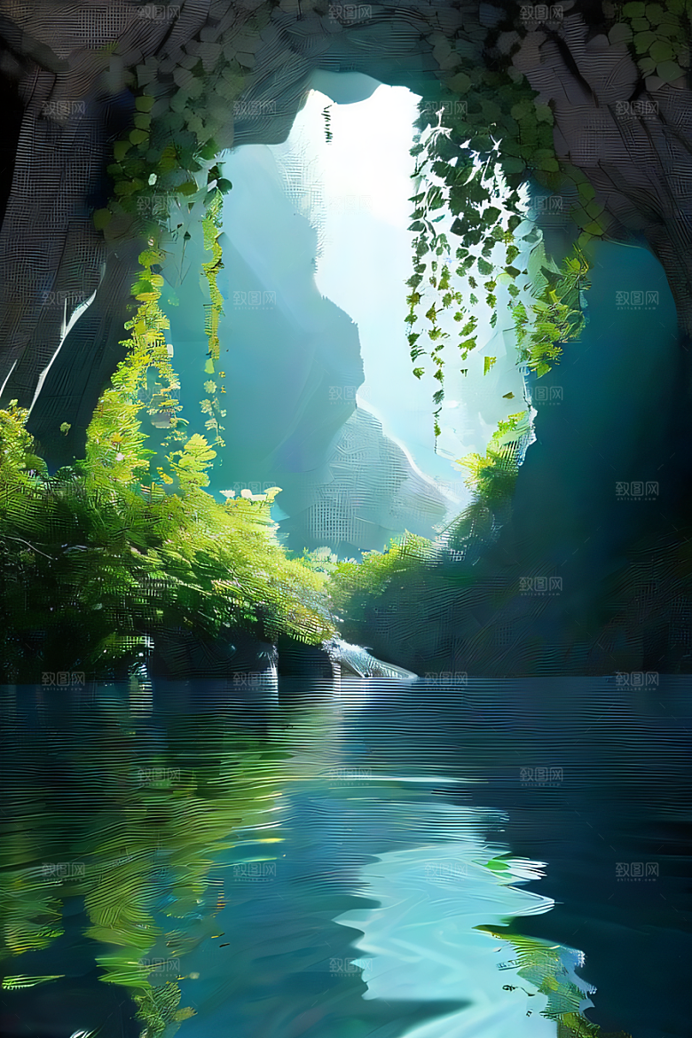神奇洞穴常绿藤蔓与流水的魔幻奇景