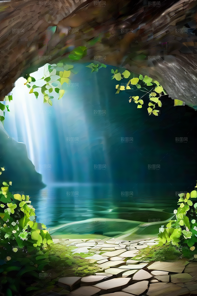 神奇洞穴常绿藤蔓与流水的魔幻奇景