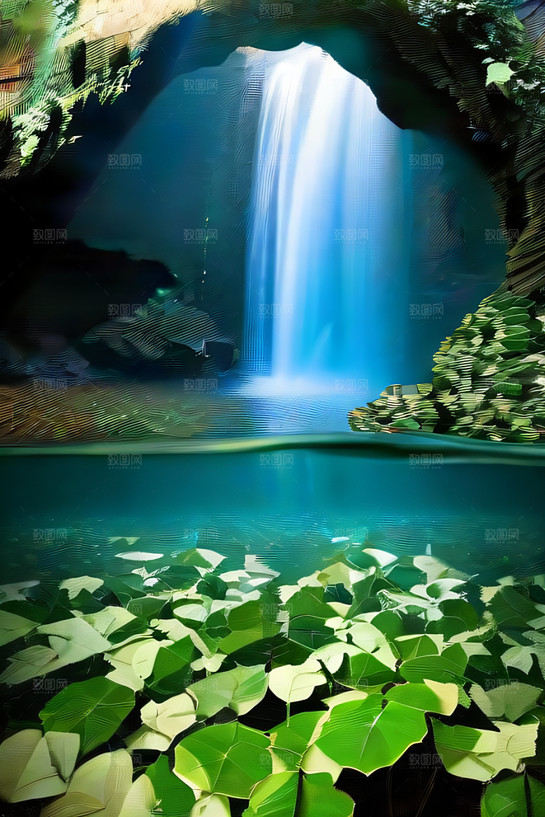 神奇洞穴常绿藤蔓与流水的魔幻奇景
