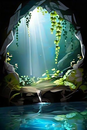 神奇洞穴常绿藤蔓与流水的魔幻奇景