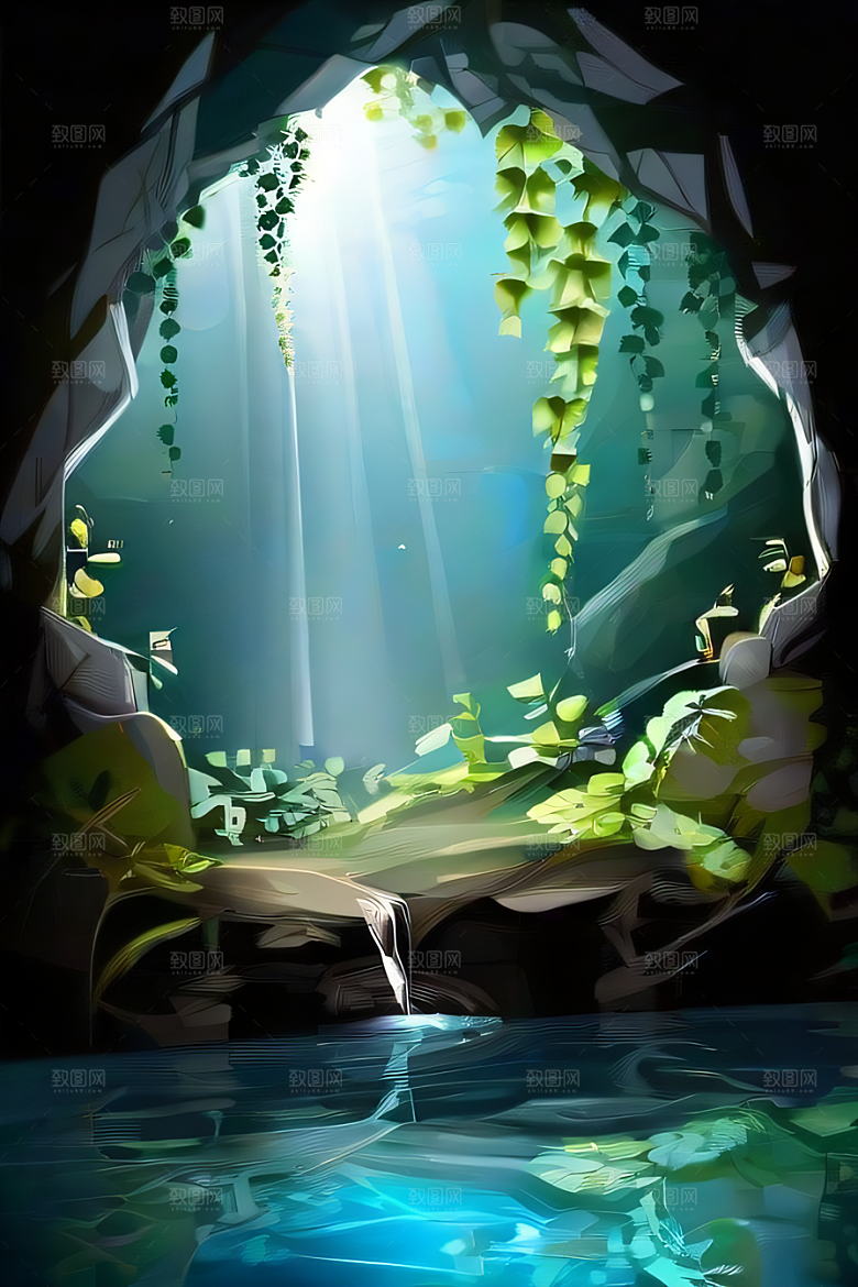 神奇洞穴常绿藤蔓与流水的魔幻奇景