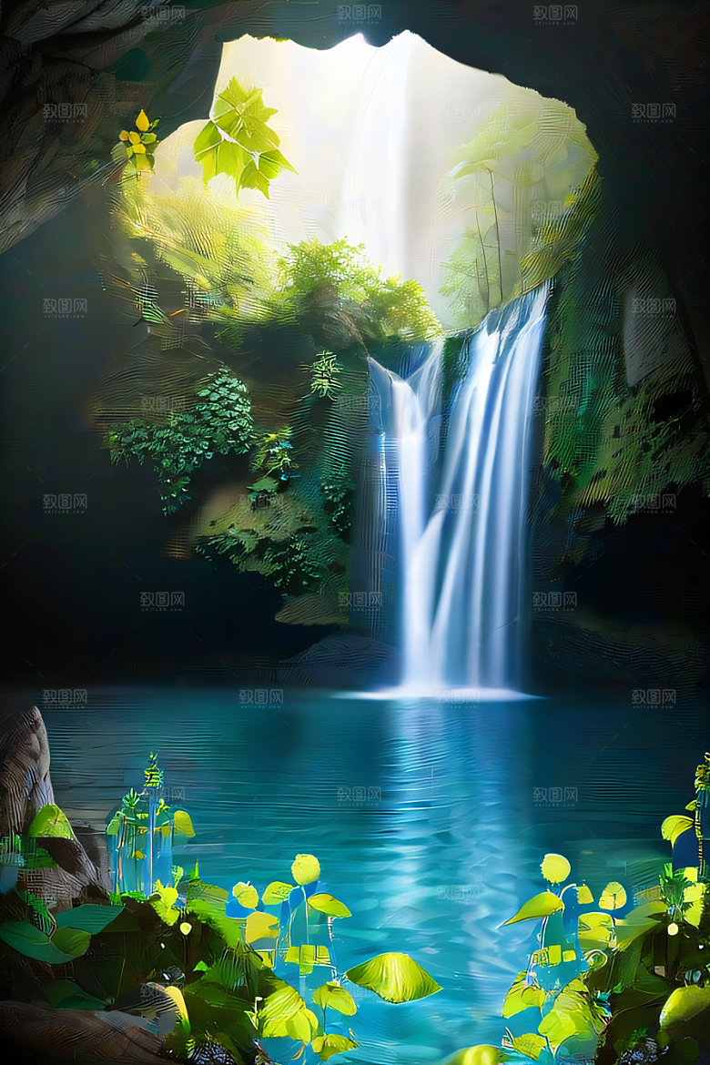 神奇洞穴常绿藤蔓与流水的魔幻奇景