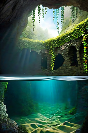 神奇洞穴常绿藤蔓与流水的魔幻奇景
