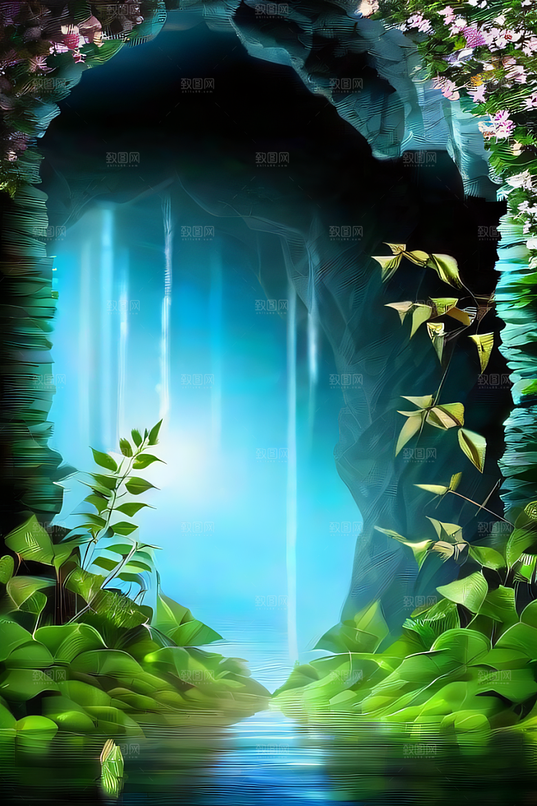 神奇洞穴常绿藤蔓与流水的魔幻奇景
