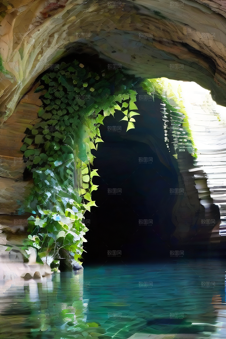 神奇洞穴常绿藤蔓与流水的魔幻奇景