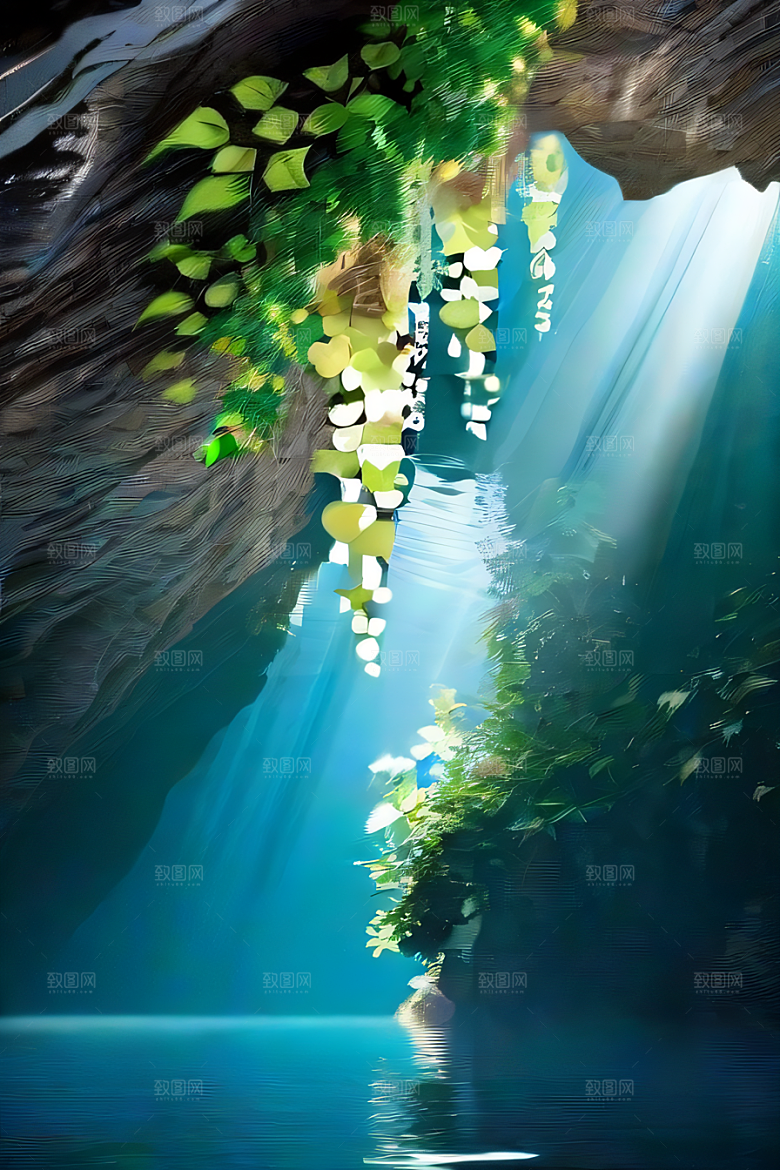 神奇洞穴常绿藤蔓与流水的魔幻奇景