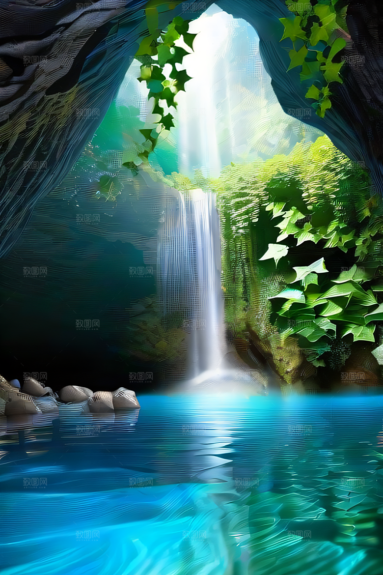 神奇洞穴常绿藤蔓与流水的魔幻奇景