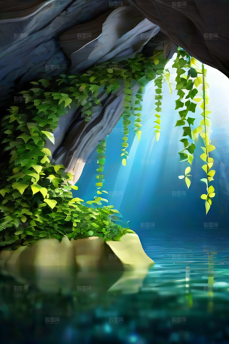 神奇洞穴常绿藤蔓与流水的魔幻奇景