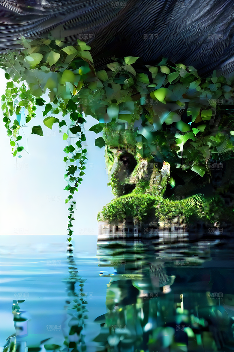 神奇洞穴常绿藤蔓与流水的魔幻奇景