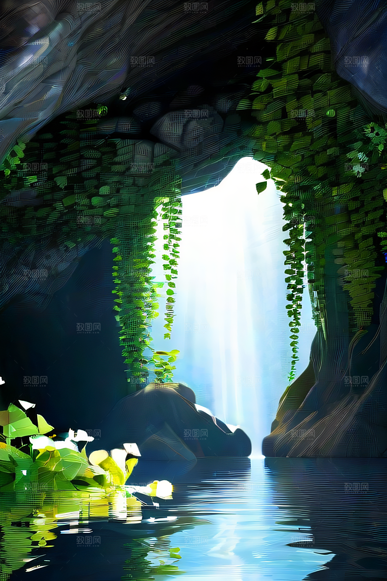 奇幻之洞神秘藤蔓与流水的神奇交错