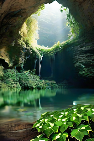 奇幻之洞神秘藤蔓与流水的神奇交错