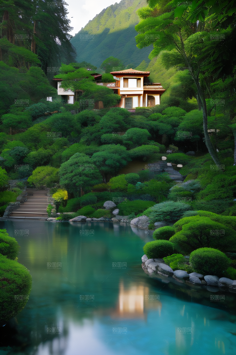 山峦倒映宛如画中的别墅与壮丽山脉