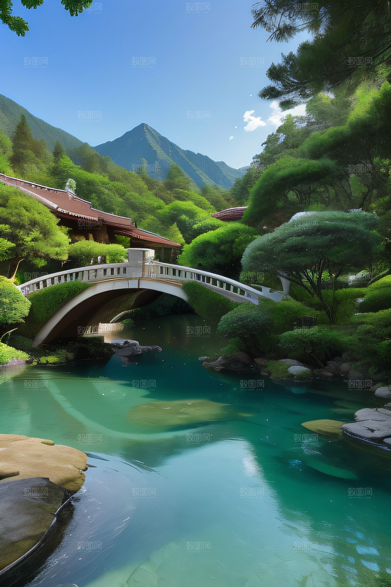山峦倒映宛如画中的别墅与壮丽山脉