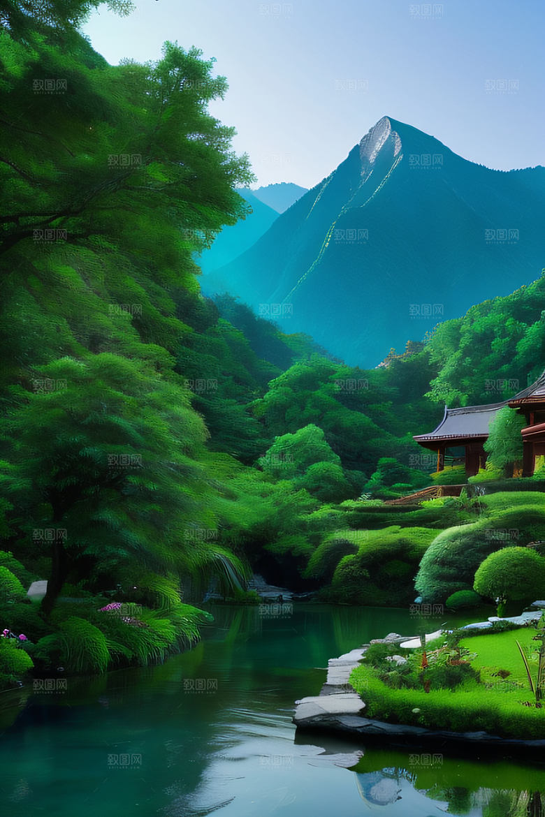 山峦倒映宛如画中的别墅与壮丽山脉
