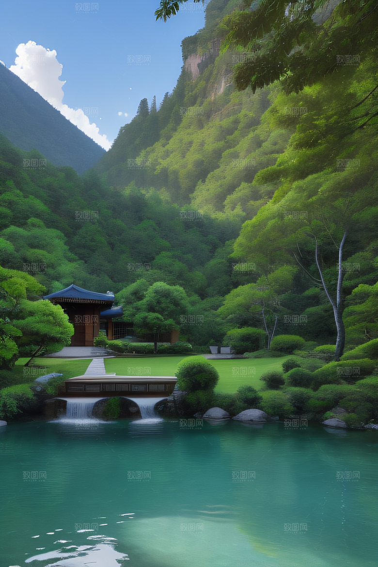 山峦倒映宛如画中的别墅与壮丽山脉