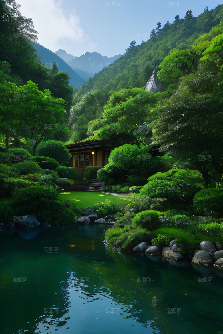 山峦倒映宛如画中的别墅与壮丽山脉