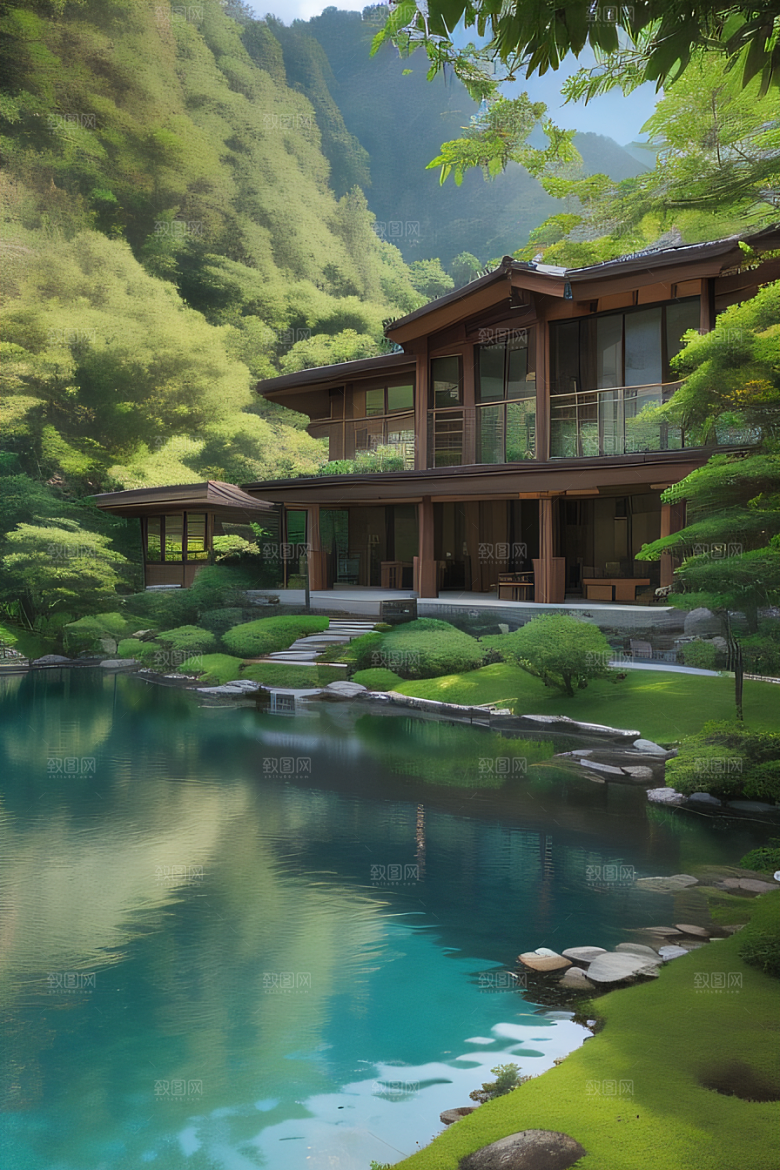 山峦倒映宛如画中的别墅与壮丽山脉