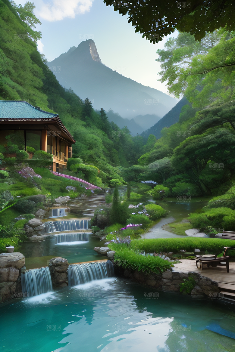 山峦倒映宛如画中的别墅与壮丽山脉