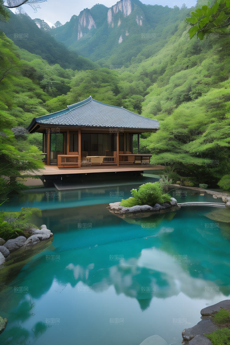 山峦倒映宛如画中的别墅与壮丽山脉