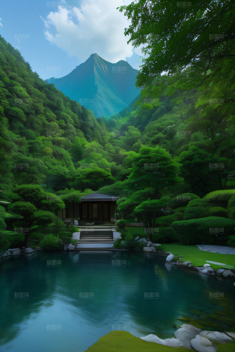 山峦倒映宛如画中的别墅与壮丽山脉