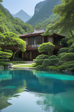 山峦倒映宛如画中的别墅与壮丽山脉