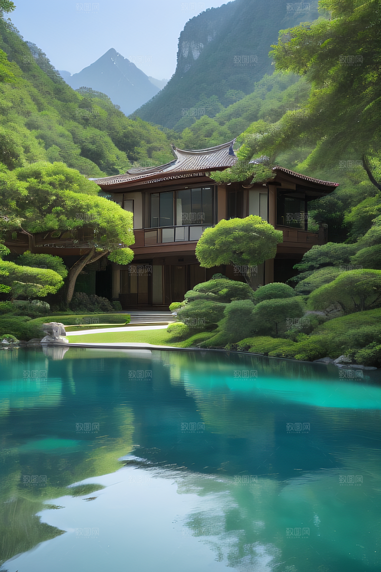 山峦倒映宛如画中的别墅与壮丽山脉