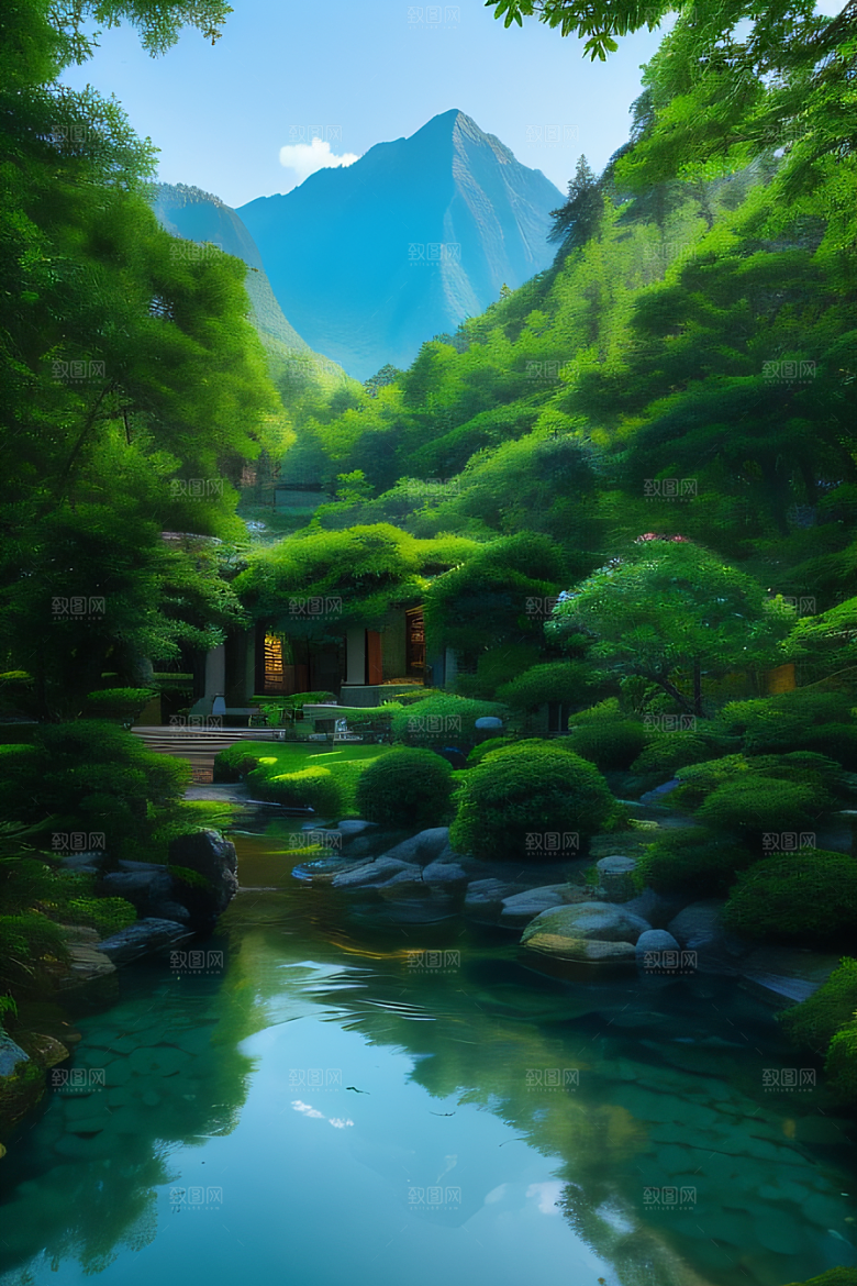 山峦倒映宛如画中的别墅与壮丽山脉