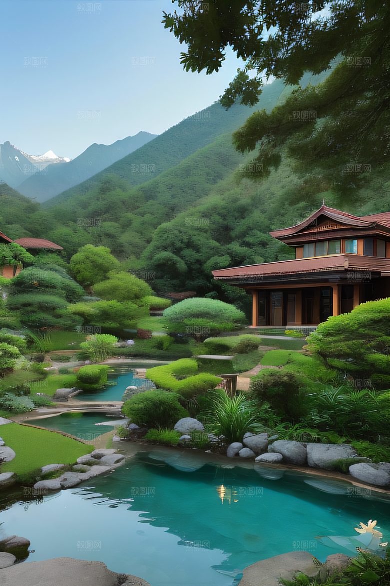 山峦倒映宛如画中的别墅与壮丽山脉