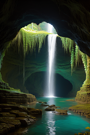奇妙洞穴常青藤与水景的神秘组合
