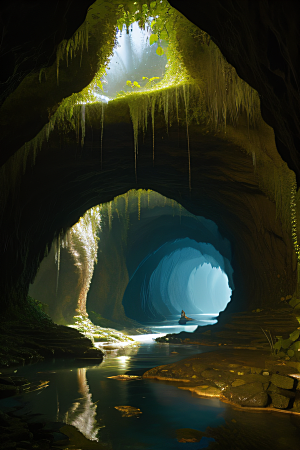 奇妙洞穴常青藤与水景的神秘组合
