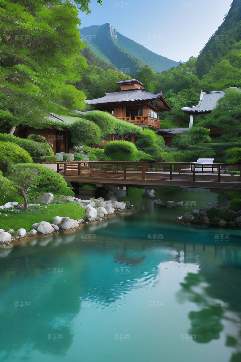 山峦倒映宛如画中的别墅与壮丽山脉