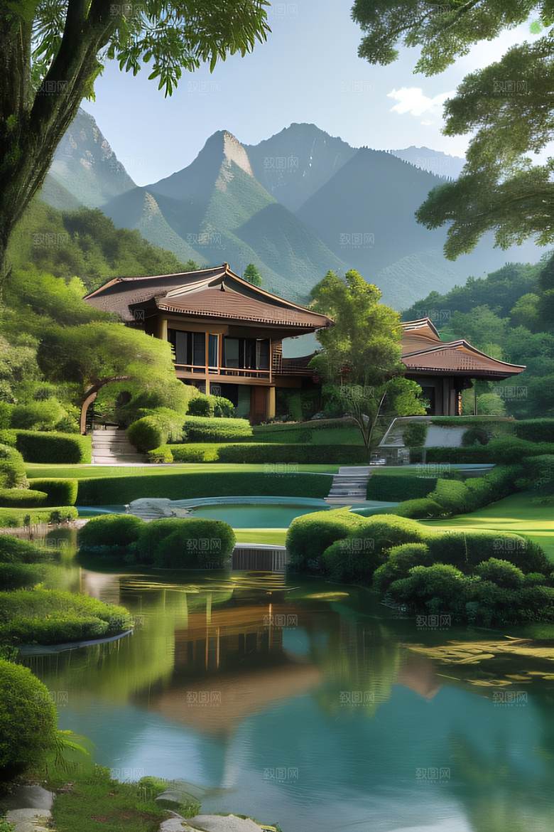 山峦倒映宛如画中的别墅与壮丽山脉