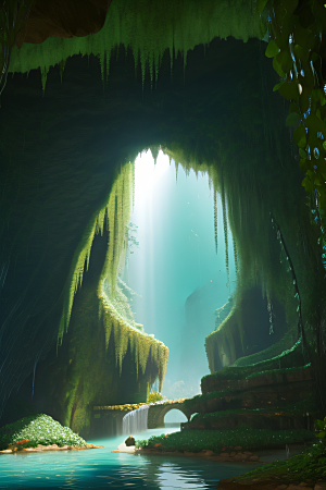 奇幻藤洞常绿藤蔓与流水的神秘景观