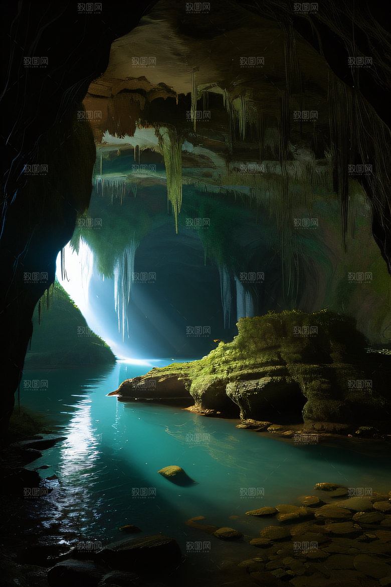 奇幻藤洞常绿藤蔓与流水的神秘景观