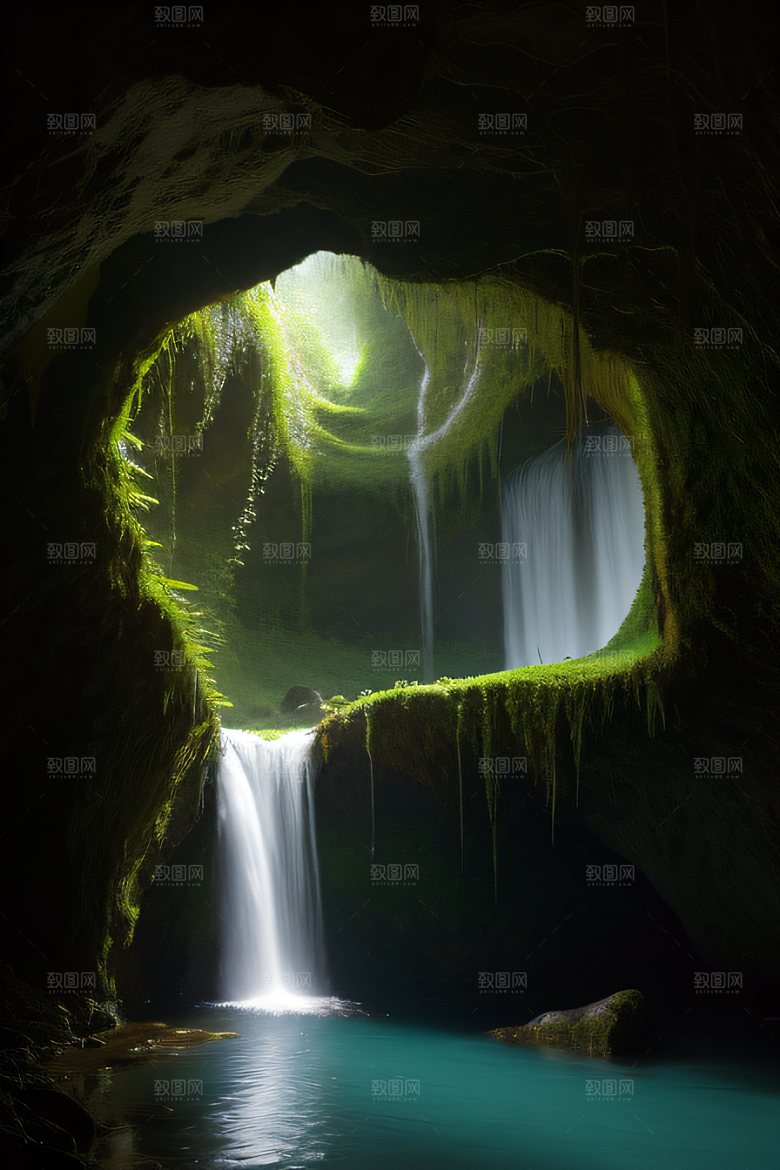 奇幻藤洞常绿藤蔓与流水的神秘景观