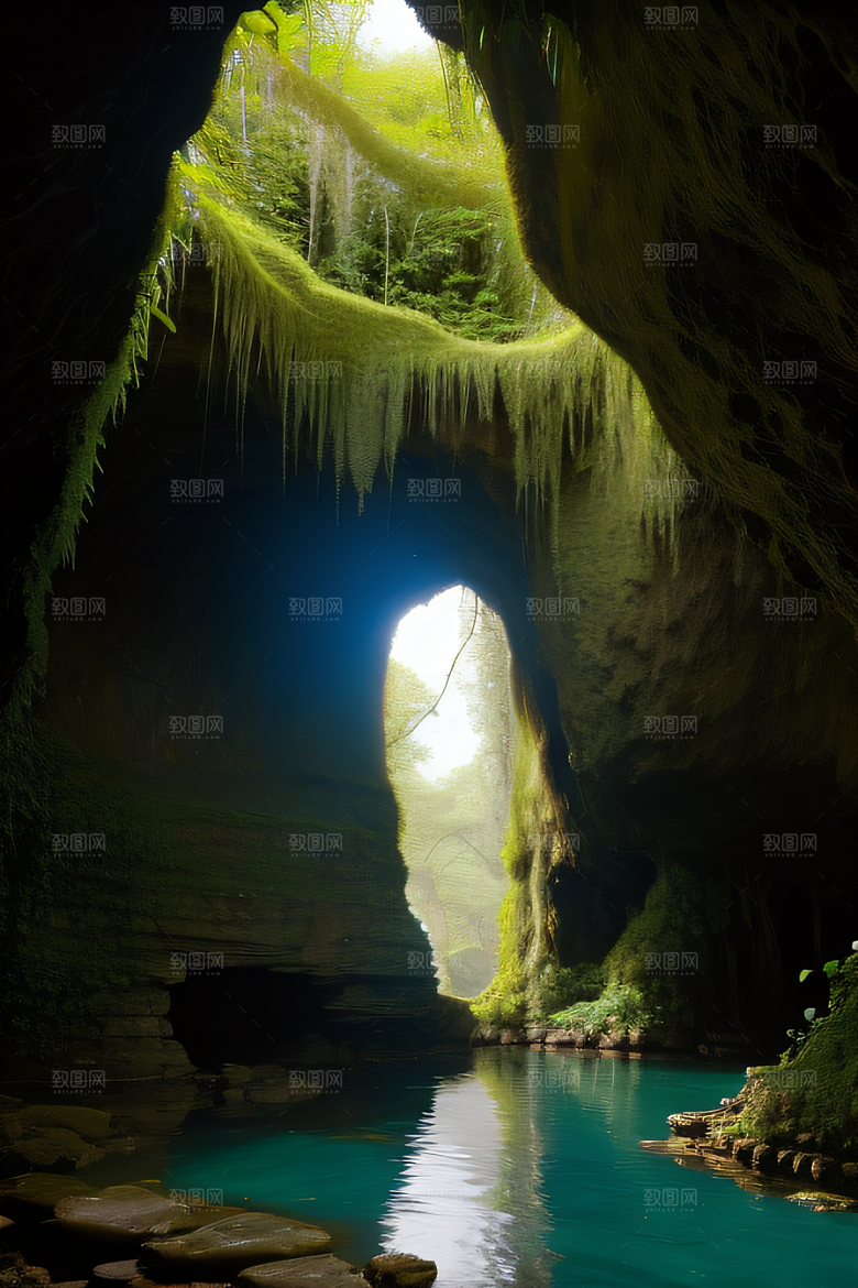 奇幻藤洞常绿藤蔓与流水的神秘景观