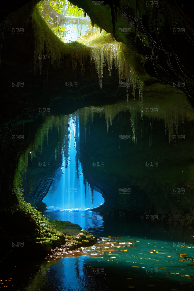 奇幻藤洞常绿藤蔓与流水的神秘景观