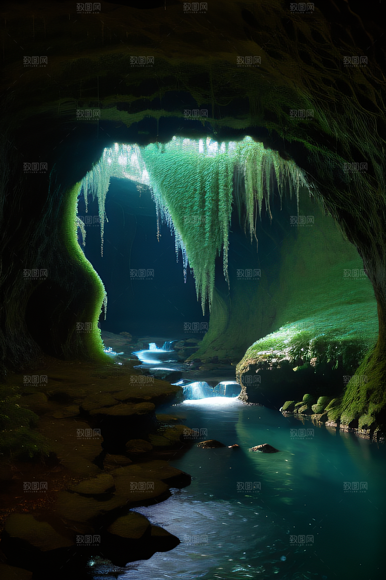 奇幻藤洞常绿藤蔓与流水的神秘景观