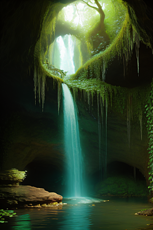 奇幻藤洞常绿藤蔓与流水的神秘景观
